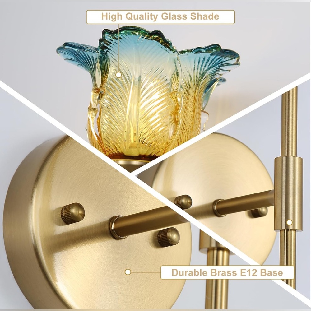 Gold Wall Sconces with Modern Flower Glass Shades - Plugin (set of 2) - Picture 2 of 7